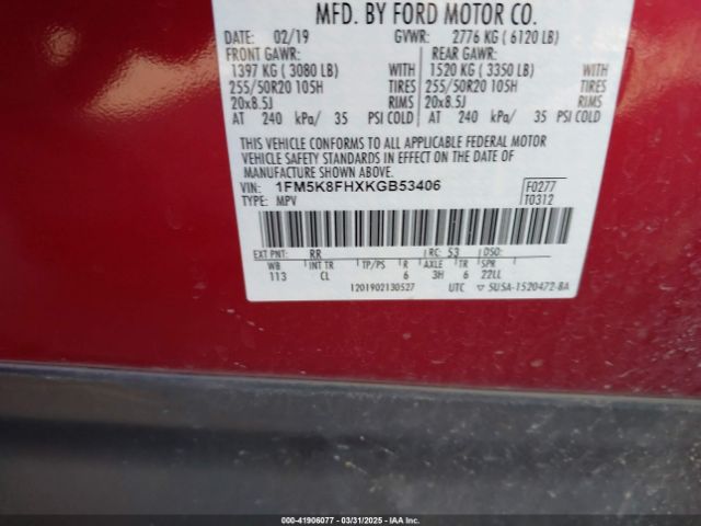 1FM5K8FHXKGB53406 Ford Explorer Limited