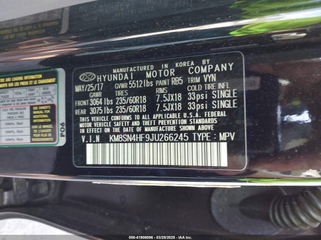 KM8SN4HF9JU266245 Hyundai Santa Fe Se