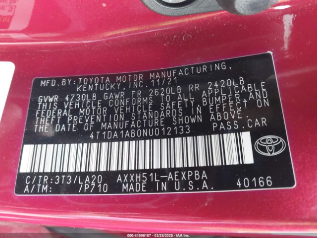 4T1DA1AB0NU012133 Toyota Avalon Limited Hybrid