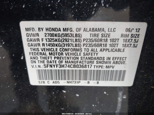 Продажа на аукционе авто 2012 Honda Pilot Ex-l, vin: 5FNYF3H74CB036817, номер лота: 41906124