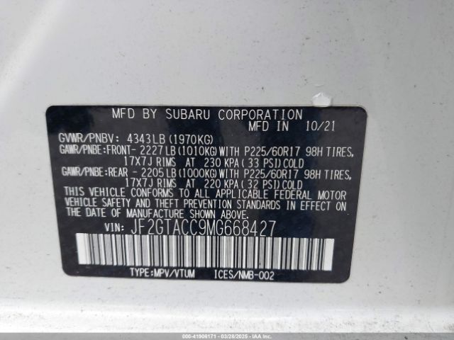 JF2GTACC9MG668427 Subaru Crosstrek Premium