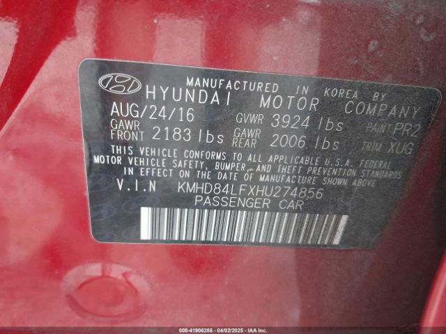 KMHD84LFXHU274856 Hyundai ELANTRA SE