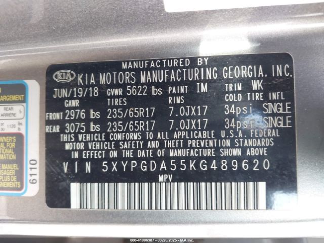 5XYPGDA55KG489620 KIA Sorento 3.3l Lx