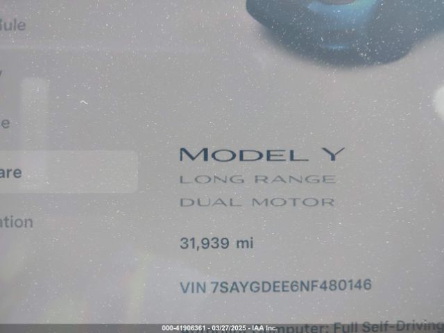7SAYGDEE6NF480146 Tesla Model Y Long Range Dual Motor All-wheel Drive