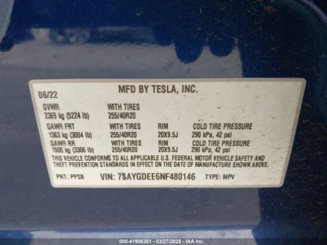 7SAYGDEE6NF480146 Tesla Model Y Long Range Dual Motor All-wheel Drive
