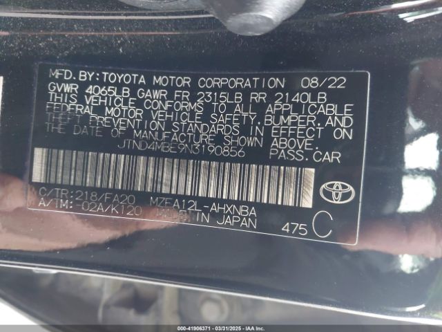 JTND4MBE9N3190856 Toyota Corolla Se Nightshade Edition