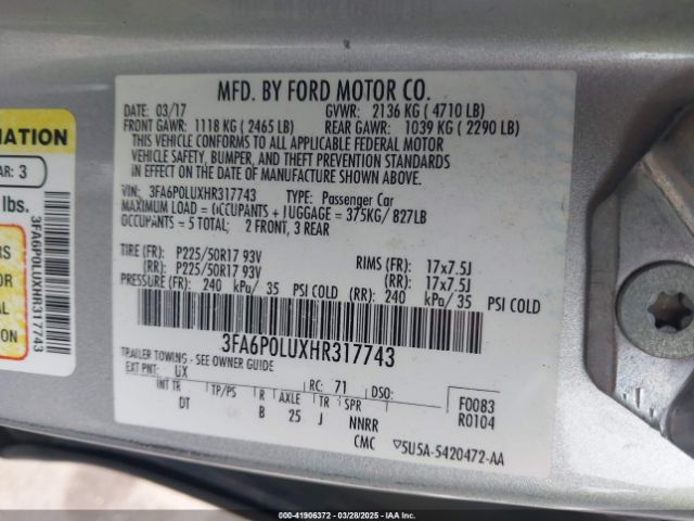 3FA6P0LUXHR317743 Ford Fusion Hybrid Se