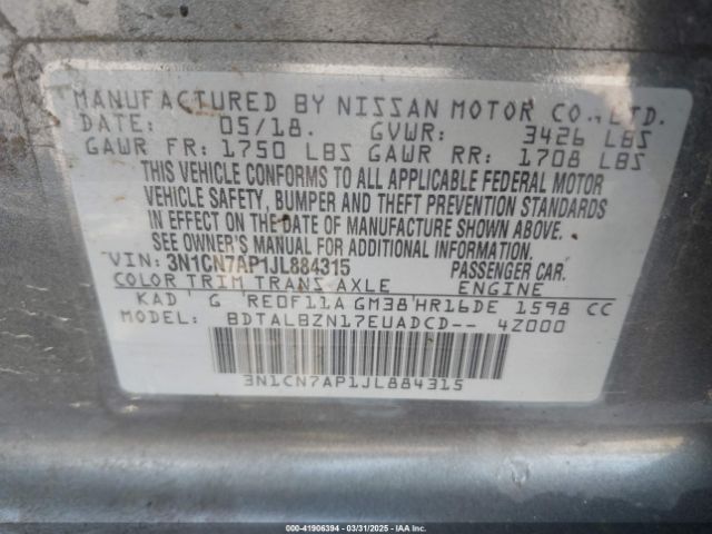 3N1CN7AP1JL884315 Nissan Versa 1.6 Sv