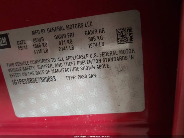 1G1PE5SB3E7380633 Chevrolet Cruze 2lt Auto