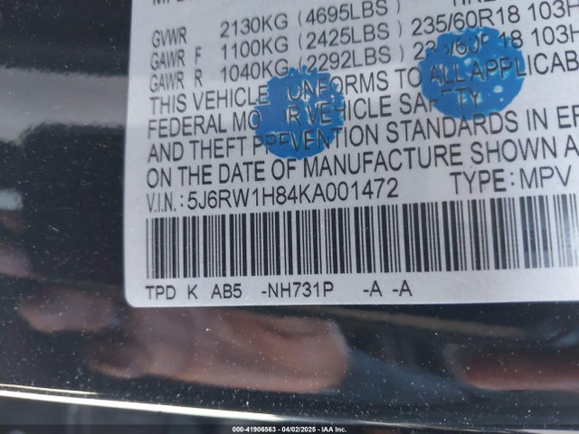 5J6RW1H84KA001472 Honda Cr-v Ex-l