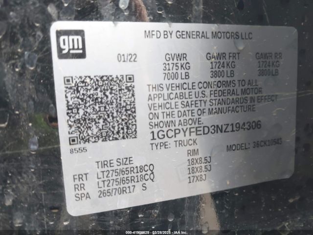 1GCPYFED3NZ194306 Chevrolet Silverado 1500 Ltd 4wd  Short Bed Lt Trail Boss