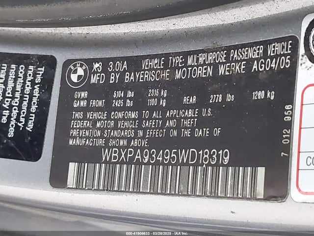Aukcja sprzedaży 2005 Bmw X3 3.0i, vin: WBXPA93495WD18319, numer aukcji: 41906633