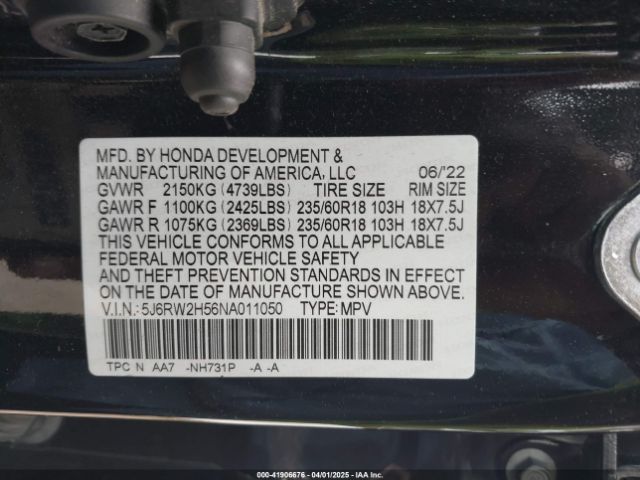 5J6RW2H56NA011050 Honda Cr-v Awd Ex