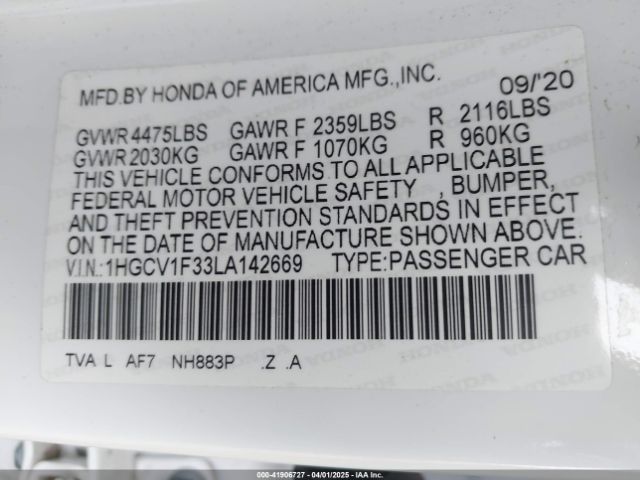 1HGCV1F33LA142669 Honda Accord Sport