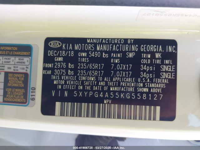 5XYPG4A55KG558127 KIA Sorento 3.3l Lx