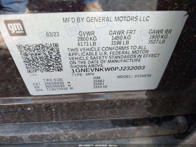 1GNEVNKW0PJ232003 Chevrolet Traverse Awd High Country
