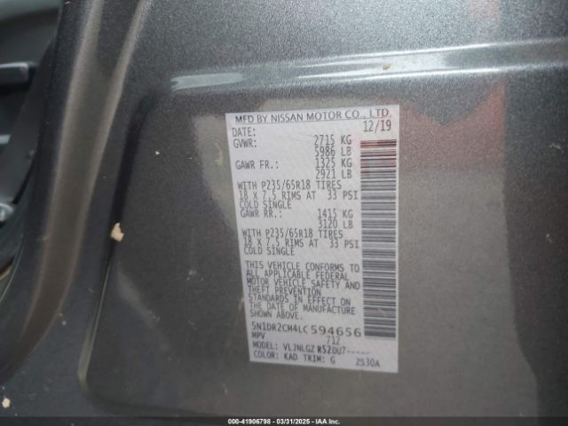 5N1DR2CM4LC594656 Nissan Pathfinder Sl 4wd