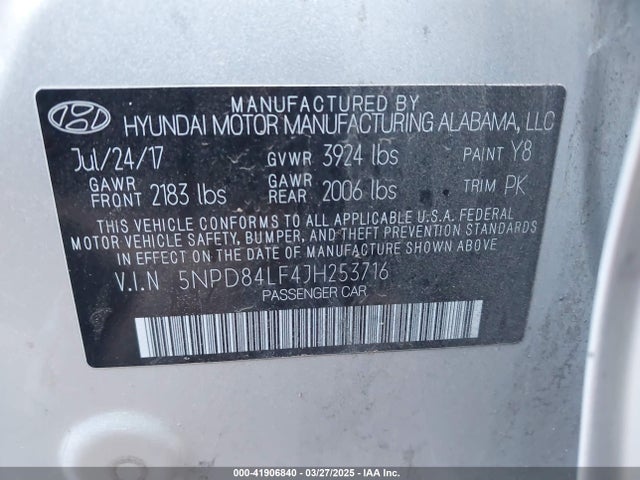 5NPD84LF4JH253716 Hyundai ELANTRA SEL