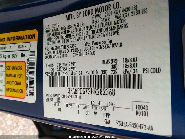 3FA6P0G73HR282368 Ford FUSION S