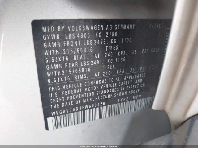 WVGAV7AX4FW609426 Volkswagen TIGUAN S