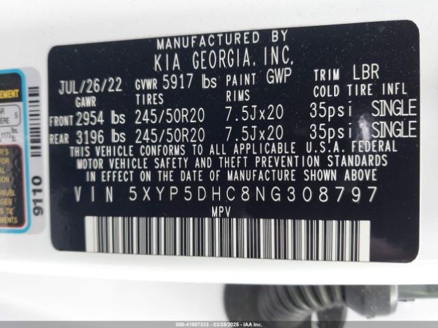 5XYP5DHC8NG308797 KIA Telluride Sx