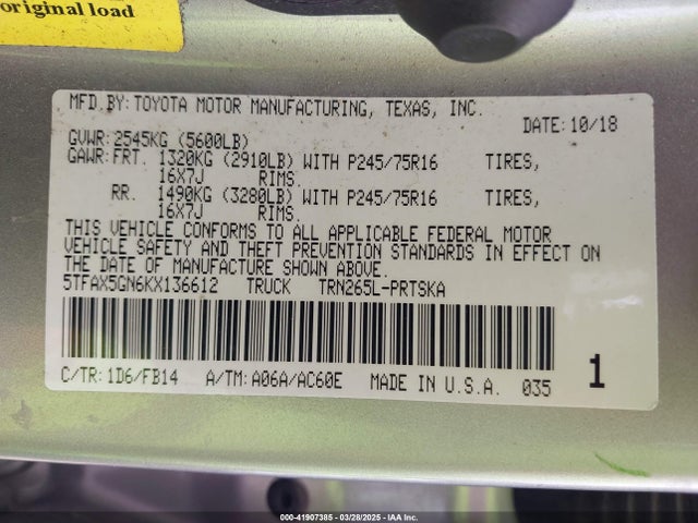 5TFAX5GN6KX136612 Toyota Tacoma Sr