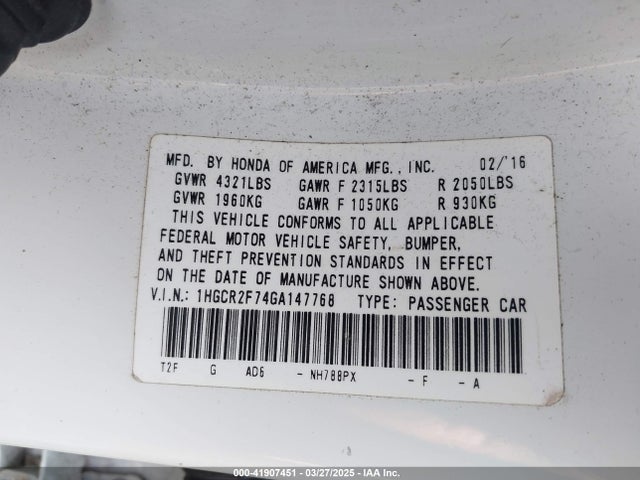 1HGCR2F74GA147768 Honda ACCORD EX