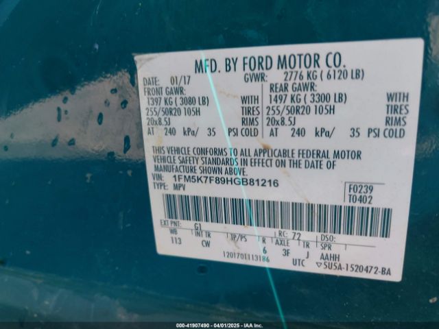 1FM5K7F89HGB81216 Ford Explorer Limited