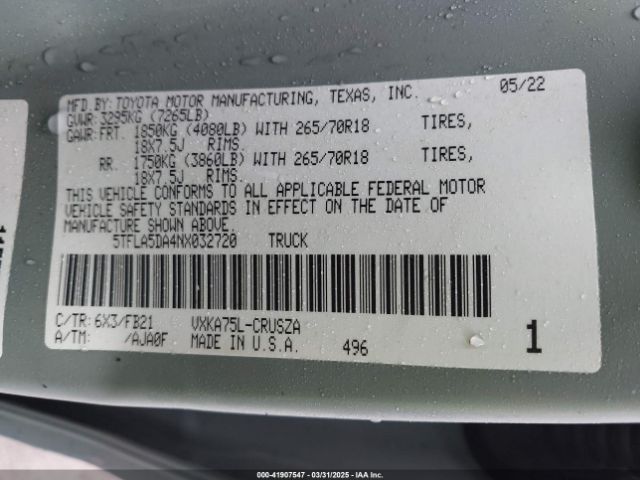 5TFLA5DA4NX032720 Toyota Tundra Sr5