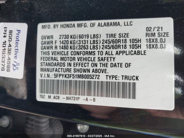5FPYK3F51MB005272 Honda Ridgeline Awd Rtl