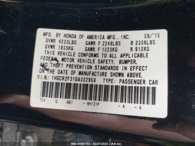 1HGCR2F31GA002958 Honda ACCORD LX