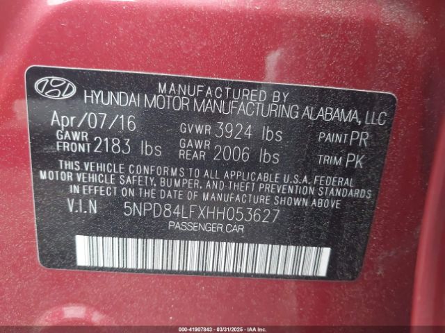 5NPD84LFXHH053627 Hyundai ELANTRA SE