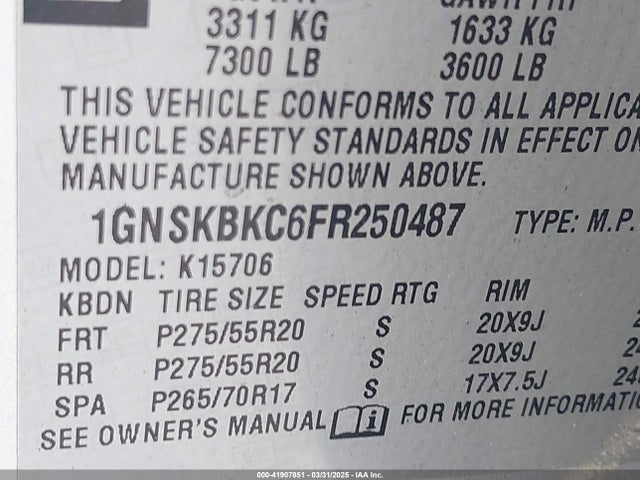 1GNSKBKC6FR250487 Chevrolet Tahoe Lt