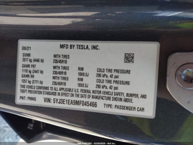 5YJ3E1EA9MF045466 Tesla Model 3 Standard Range Plus Rear-wheel Drive