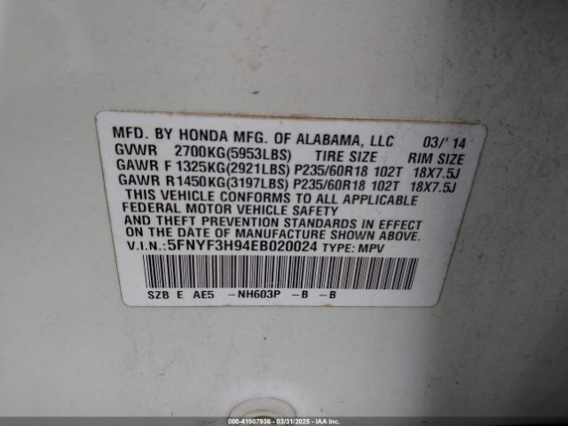 5FNYF3H94EB020024 Honda Pilot Touring
