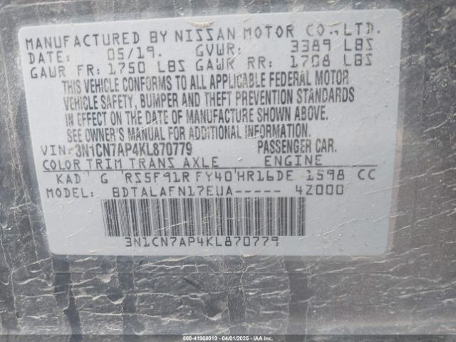 3N1CN7AP4KL870779 Nissan Versa 1.6 S