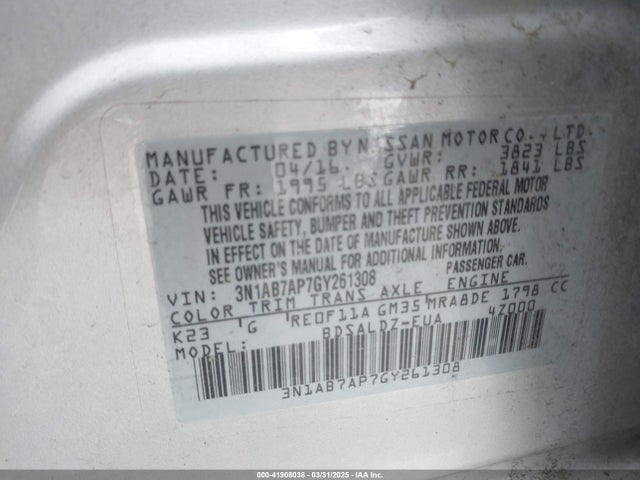 3N1AB7AP7GY261308 Nissan Sentra Fe+ S/s/sl/sr/sv