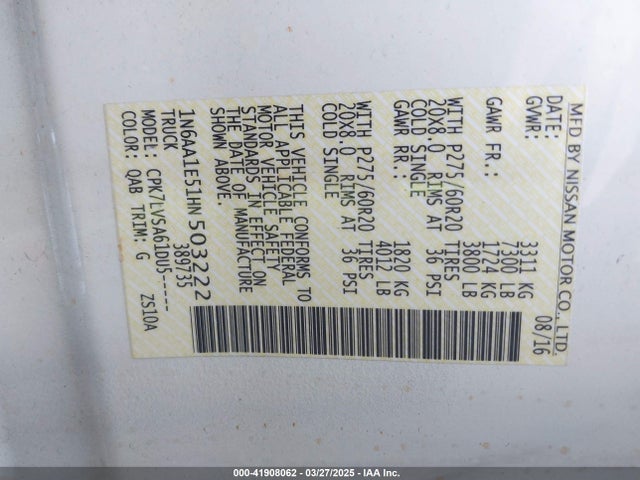 1N6AA1E51HN503222 Nissan Titan Sl