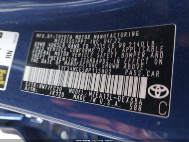 2022 TOYOTA COROLLA 5YFS4MCE5NP115802 Photo 8