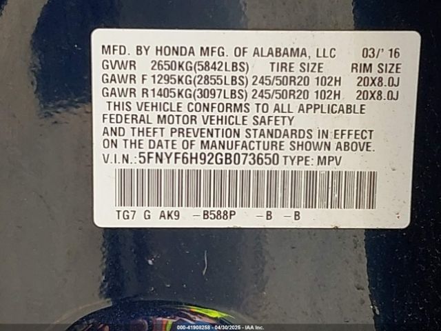 5FNYF6H92GB073650 Honda Pilot Touring