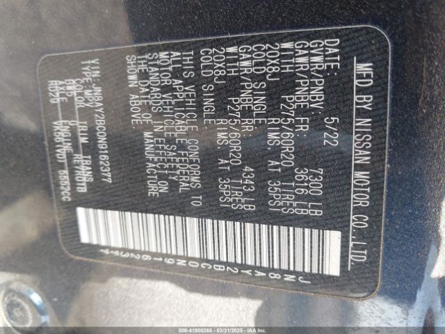 JN8AY2BC0N9162377 Nissan Armada Sl 2wd