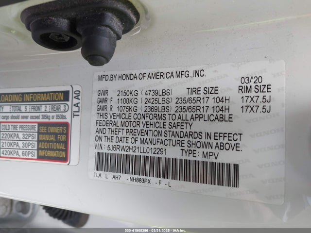 5J6RW2H21LL012291 Honda Cr-v Awd Lx