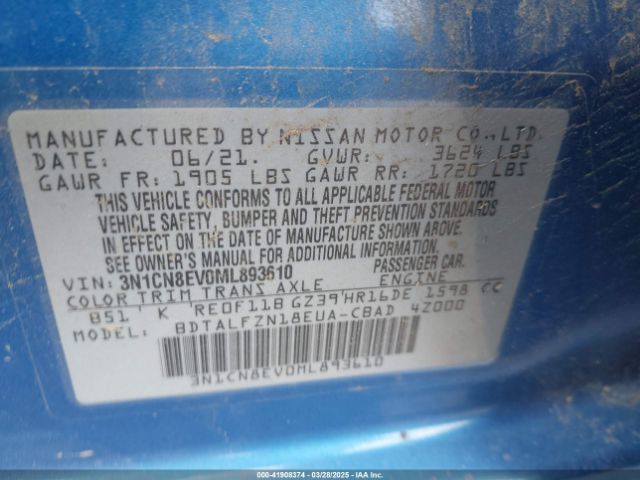 3N1CN8EV0ML893610 Nissan Versa Sv Xtronic Cvt