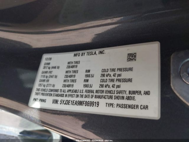 5YJ3E1EA9MF869919 Tesla Model 3 Standard Range Plus Rear-wheel Drive