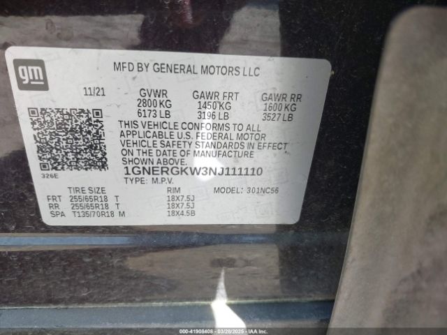 1GNERGKW3NJ111110 Chevrolet Traverse Fwd Lt Cloth