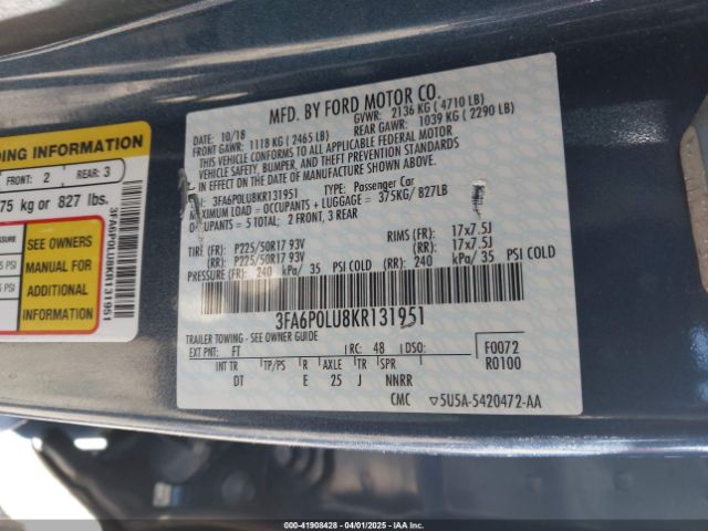 3FA6P0LU8KR131951 Ford Fusion Hybrid Se