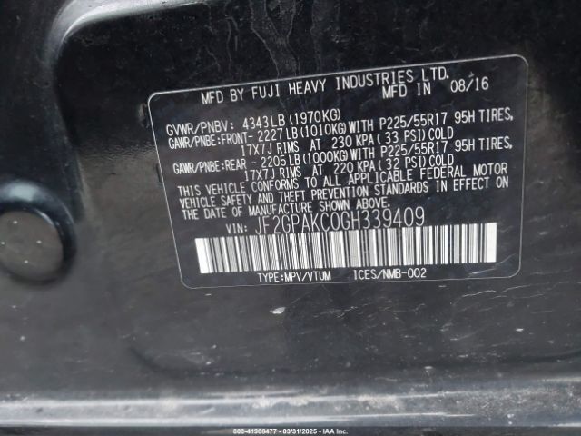 JF2GPAKC0GH339409 Subaru Crosstrek 2.0i Limited