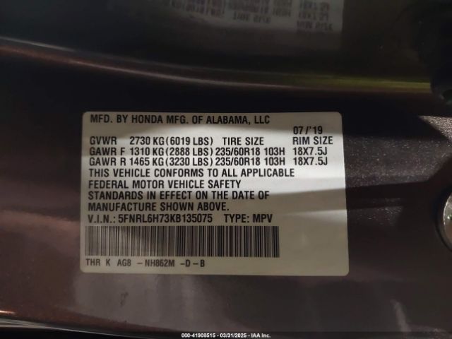 5FNRL6H73KB135075 Honda Odyssey Ex-l