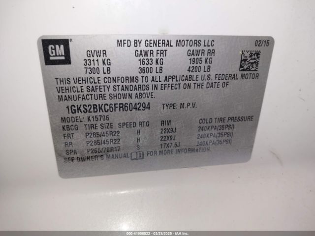 1GKS2BKC6FR604294 GMC YUKON SLT