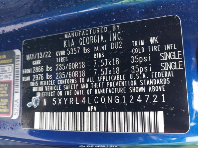 5XYRL4LC0NG124721 KIA SORENTO S
